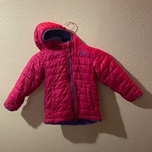 Kids small reversible pink and purple fuzzy and rain coat the north face jacket